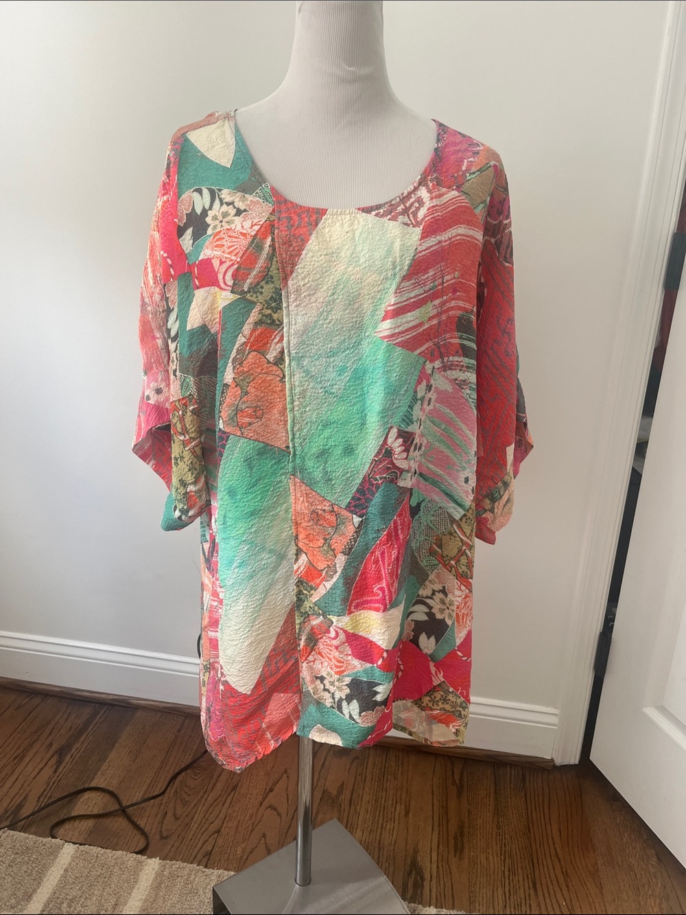 Patchwork Floral Print Tunic Top in Coral & Teal